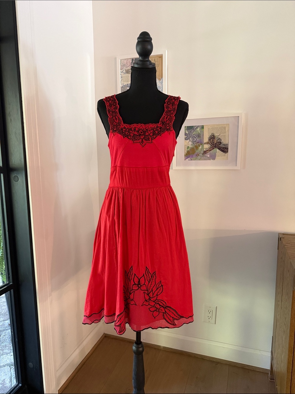 Vintage Free People Red Midi Dress with Black Floral Embroidery